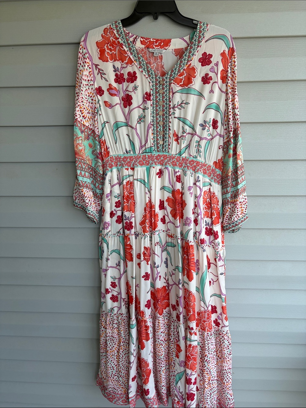 NWOT John Mark White Floral Boho maxi Dress with Coral Accents